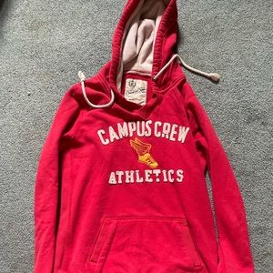 Red sweater with grey hood